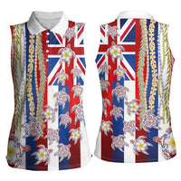 Hawaiian Polynesian Tribal Turtles Women Sleeveless Polo Shirt with Lei and Flag Style