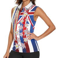 Hawaiian Polynesian Tribal Turtles Women Sleeveless Polo Shirt with Lei and Flag Style