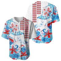 Hawaiian Tribal Manta Ray Baseball Jersey Kakau Tattoo and Flowers Surfing Waves Pattern Ocean Color