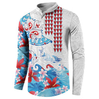 Hawaiian Tribal Manta Ray Button Sweatshirt Kakau Tattoo and Flowers Surfing Waves Pattern Ocean Color