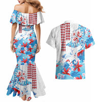 Hawaiian Tribal Manta Ray Couples Matching Mermaid Dress and Hawaiian Shirt Kakau Tattoo and Flowers Surfing Waves Pattern Ocean Color LT03 - Polynesian Pride