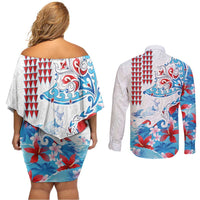Hawaiian Tribal Manta Ray Couples Matching Off Shoulder Short Dress and Long Sleeve Button Shirt Kakau Tattoo and Flowers Surfing Waves Pattern Ocean Color LT03 - Polynesian Pride