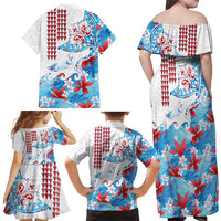 Hawaiian Tribal Manta Ray Family Matching Off Shoulder Maxi Dress and Hawaiian Shirt Kakau Tattoo and Flowers Surfing Waves Pattern Ocean Color LT03 - Polynesian Pride
