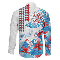 Hawaiian Tribal Manta Ray Family Matching Off Shoulder Short Dress and Hawaiian Shirt Kakau Tattoo and Flowers Surfing Waves Pattern Ocean Color LT03 - Polynesian Pride