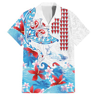 Hawaiian Tribal Manta Ray Family Matching Short Sleeve Bodycon Dress and Hawaiian Shirt Kakau Tattoo and Flowers Surfing Waves Pattern Ocean Color LT03 Dad's Shirt - Short Sleeve Multicolor - Polynesian Pride