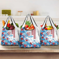 Hawaiian Tribal Manta Ray Grocery Bag Kakau Tattoo and Flowers Surfing Waves Pattern Ocean Color