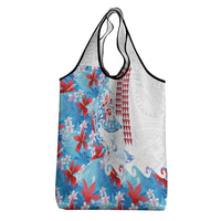 Hawaiian Tribal Manta Ray Grocery Bag Kakau Tattoo and Flowers Surfing Waves Pattern Ocean Color