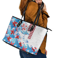 Hawaiian Tribal Manta Ray Leather Tote Bag Kakau Tattoo and Flowers Surfing Waves Pattern Ocean Color
