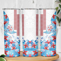 Hawaiian Tribal Manta Ray Skinny Tumbler Kakau Tattoo and Flowers Surfing Waves Pattern Ocean Color LT03 - Polynesian Pride