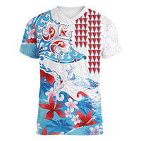 Hawaiian Tribal Manta Ray Women V-Neck T-Shirt Kakau Tattoo and Flowers Surfing Waves Pattern Ocean Color LT03 Female Multicolor - Polynesian Pride