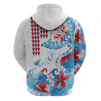 Hawaiian Tribal Manta Ray Zip Hoodie Kakau Tattoo and Flowers Surfing Waves Pattern Ocean Color