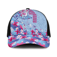Hawaiian Tribal Manta Ray Baseball Net Cap Kakau Tattoo and Flowers Surfing Waves Pattern Soft Color