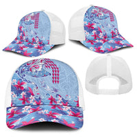 Hawaiian Tribal Manta Ray Baseball Net Cap Kakau Tattoo and Flowers Surfing Waves Pattern Soft Color