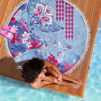 Hawaiian Tribal Manta Ray Beach Blanket Kakau Tattoo and Flowers Surfing Waves Pattern Soft Color