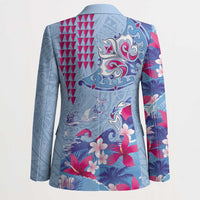 Hawaiian Tribal Manta Ray Blazer Kakau Tattoo and Flowers Surfing Waves Pattern Soft Color
