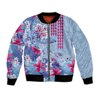 Hawaiian Tribal Manta Ray Bomber Jacket Kakau Tattoo and Flowers Surfing Waves Pattern Soft Color