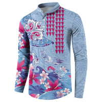 Hawaiian Tribal Manta Ray Button Sweatshirt Kakau Tattoo and Flowers Surfing Waves Pattern Soft Color