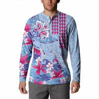 Hawaiian Tribal Manta Ray Button Sweatshirt Kakau Tattoo and Flowers Surfing Waves Pattern Soft Color