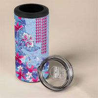 Hawaiian Tribal Manta Ray 4 in 1 Can Cooler Tumbler Kakau Tattoo and Flowers Surfing Waves Pattern Soft Color