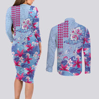 Hawaiian Tribal Manta Ray Couples Matching Long Sleeve Bodycon Dress and Long Sleeve Button Shirt Kakau Tattoo and Flowers Surfing Waves Pattern Soft Color LT03 - Polynesian Pride