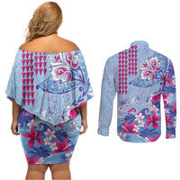 Hawaiian Tribal Manta Ray Couples Matching Off Shoulder Short Dress and Long Sleeve Button Shirt Kakau Tattoo and Flowers Surfing Waves Pattern Soft Color LT03 - Polynesian Pride