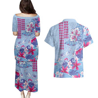 Hawaiian Tribal Manta Ray Couples Matching Puletasi and Hawaiian Shirt Kakau Tattoo and Flowers Surfing Waves Pattern Soft Color LT03 - Polynesian Pride