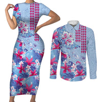 Hawaiian Tribal Manta Ray Couples Matching Short Sleeve Bodycon Dress and Long Sleeve Button Shirt Kakau Tattoo and Flowers Surfing Waves Pattern Soft Color LT03 Multicolor - Polynesian Pride