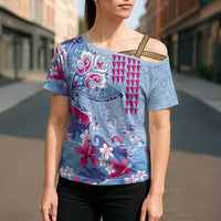 Hawaiian Tribal Manta Ray Cross Shoulder Shirt Kakau Tattoo and Flowers Surfing Waves Pattern Soft Color