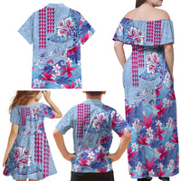 Hawaiian Tribal Manta Ray Family Matching Off Shoulder Maxi Dress and Hawaiian Shirt Kakau Tattoo and Flowers Surfing Waves Pattern Soft Color LT03 - Polynesian Pride