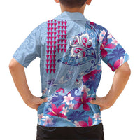 Hawaiian Tribal Manta Ray Family Matching Short Sleeve Bodycon Dress and Hawaiian Shirt Kakau Tattoo and Flowers Surfing Waves Pattern Soft Color LT03 - Polynesian Pride