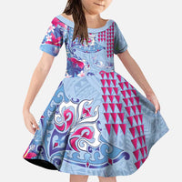 Hawaiian Tribal Manta Ray Family Matching Tank Maxi Dress and Hawaiian Shirt Kakau Tattoo and Flowers Surfing Waves Pattern Soft Color LT03 Daughter's Dress Multicolor - Polynesian Pride