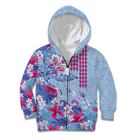 Hawaiian Tribal Manta Ray Kid Hoodie Kakau Tattoo and Flowers Surfing Waves Pattern Soft Color