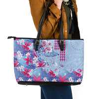 Hawaiian Tribal Manta Ray Leather Tote Bag Kakau Tattoo and Flowers Surfing Waves Pattern Soft Color
