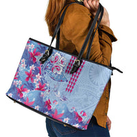 Hawaiian Tribal Manta Ray Leather Tote Bag Kakau Tattoo and Flowers Surfing Waves Pattern Soft Color