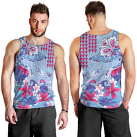 Hawaiian Tribal Manta Ray Men Tank Top Kakau Tattoo and Flowers Surfing Waves Pattern Soft Color