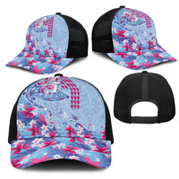 Hawaiian Tribal Manta Ray Mesh Trucker Cap Kakau Tattoo and Flowers Surfing Waves Pattern Soft Color