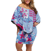 Hawaiian Tribal Manta Ray Off Shoulder Short Dress Kakau Tattoo and Flowers Surfing Waves Pattern Soft Color