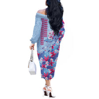 Hawaiian Tribal Manta Ray Off The Shoulder Long Sleeve Dress Kakau Tattoo and Flowers Surfing Waves Pattern Soft Color