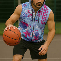 Hawaiian Tribal Manta Ray Sleeveless Zip Hoodie Kakau Tattoo and Flowers Surfing Waves Pattern Soft Color
