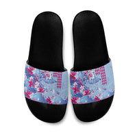 Hawaiian Tribal Manta Ray Slide Sandals Kakau Tattoo and Flowers Surfing Waves Pattern Soft Color
