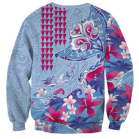 Hawaiian Tribal Manta Ray Sweatshirt Kakau Tattoo and Flowers Surfing Waves Pattern Soft Color