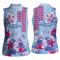 Hawaiian Tribal Manta Ray Women Sleeveless Polo Shirt Kakau Tattoo and Flowers Surfing Waves Pattern Soft Color LT03 - Polynesian Pride