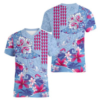 Hawaiian Tribal Manta Ray Women V-Neck T-Shirt Kakau Tattoo and Flowers Surfing Waves Pattern Soft Color LT03 - Polynesian Pride