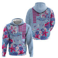 Hawaiian Tribal Manta Ray Zip Hoodie Kakau Tattoo and Flowers Surfing Waves Pattern Soft Color