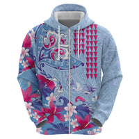 Hawaiian Tribal Manta Ray Zip Hoodie Kakau Tattoo and Flowers Surfing Waves Pattern Soft Color
