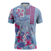 Hawaiian Tribal Manta Ray Zipper Polo Shirt Kakau Tattoo and Flowers Surfing Waves Pattern Soft Color