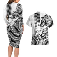 Hawaiian Tribal Manta Ray Couples Matching Long Sleeve Bodycon Dress and Hawaiian Shirt Kakau Tattoo and Polynesian Art Motif Pattern LT03 - Polynesian Pride