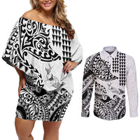 Hawaiian Tribal Manta Ray Couples Matching Off Shoulder Short Dress and Long Sleeve Button Shirt Kakau Tattoo and Polynesian Art Motif Pattern LT03 Multicolor - Polynesian Pride