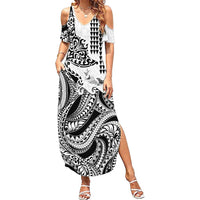 Hawaiian Tribal Manta Ray Family Matching Summer Maxi Dress and Hawaiian Shirt Kakau Tattoo and Polynesian Art Motif Pattern LT03 Mom's Dress Multicolor - Polynesian Pride