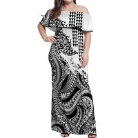 Hawaiian Tribal Manta Ray Off Shoulder Maxi Dress Kakau Tattoo and Polynesian Art Motif Pattern